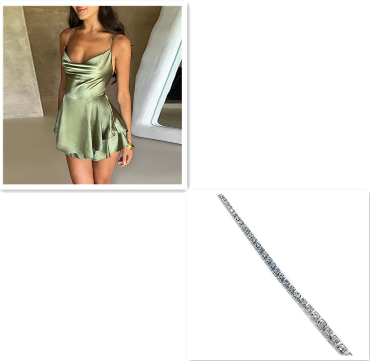 Sommer neues europäisches und amerikanisches elegantes, schlankes Strap-Satin rücken loses Schnürung-A- Line-Kleid Frauen