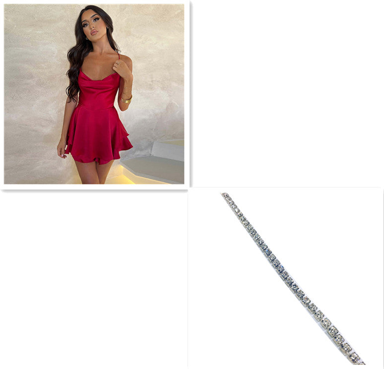 Sommer neues europäisches und amerikanisches elegantes, schlankes Strap-Satin rücken loses Schnürung-A- Line-Kleid Frauen