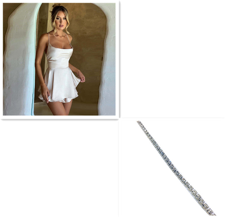Sommer neues europäisches und amerikanisches elegantes, schlankes Strap-Satin rücken loses Schnürung-A- Line-Kleid Frauen