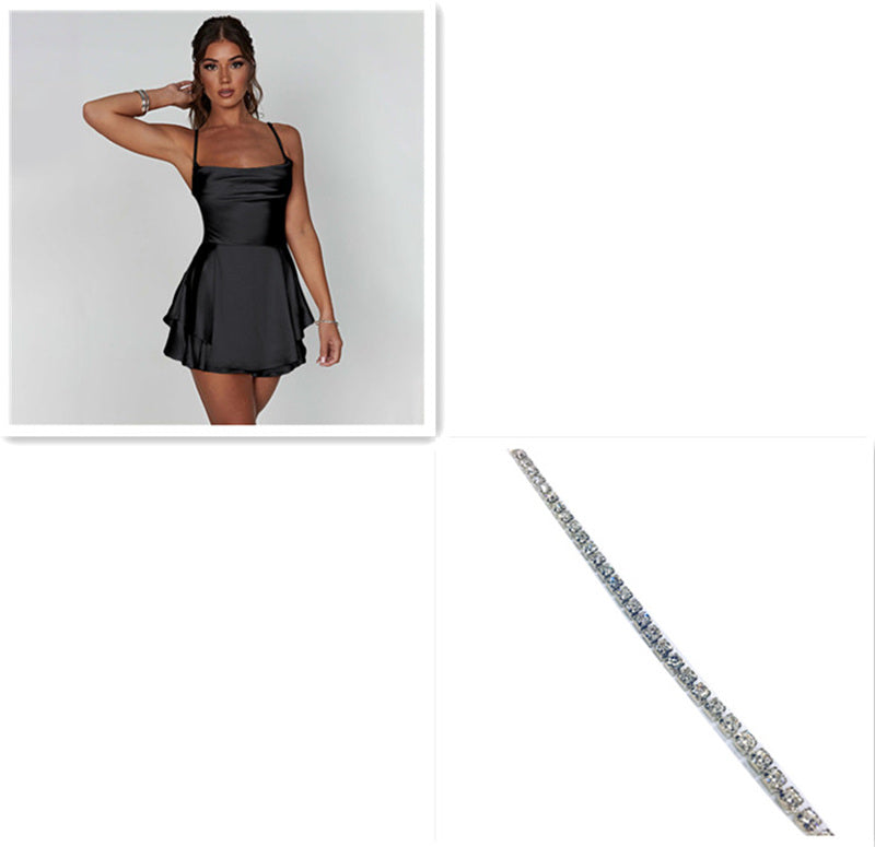 Sommer neues europäisches und amerikanisches elegantes, schlankes Strap-Satin rücken loses Schnürung-A- Line-Kleid Frauen