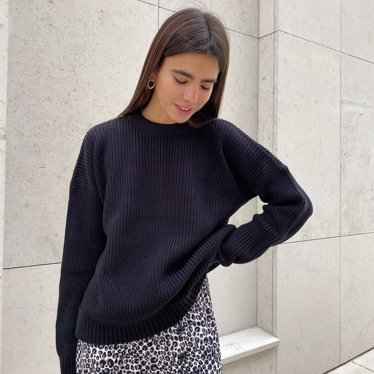Damen-Strickwaren mit Rundhalsausschnitt, lockeres einfarbiges Pullover