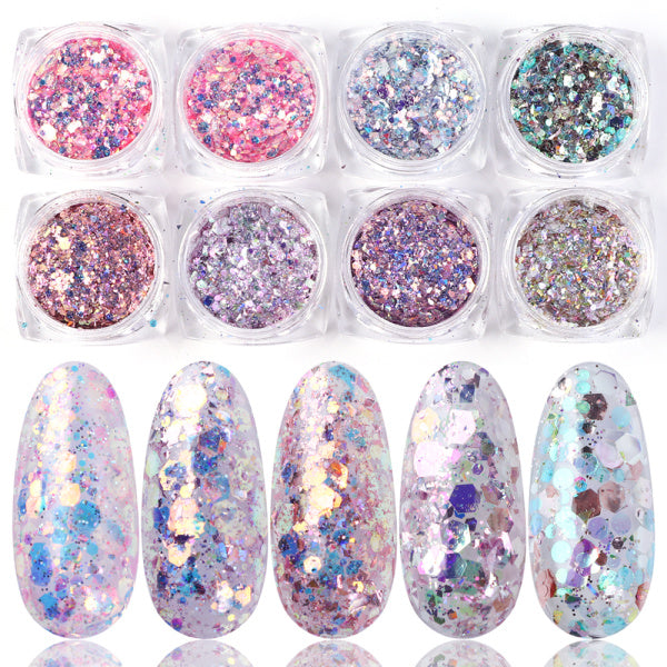 8 x Gemischtes Glitzer-Nail-Art-Puder-Flakes-Set