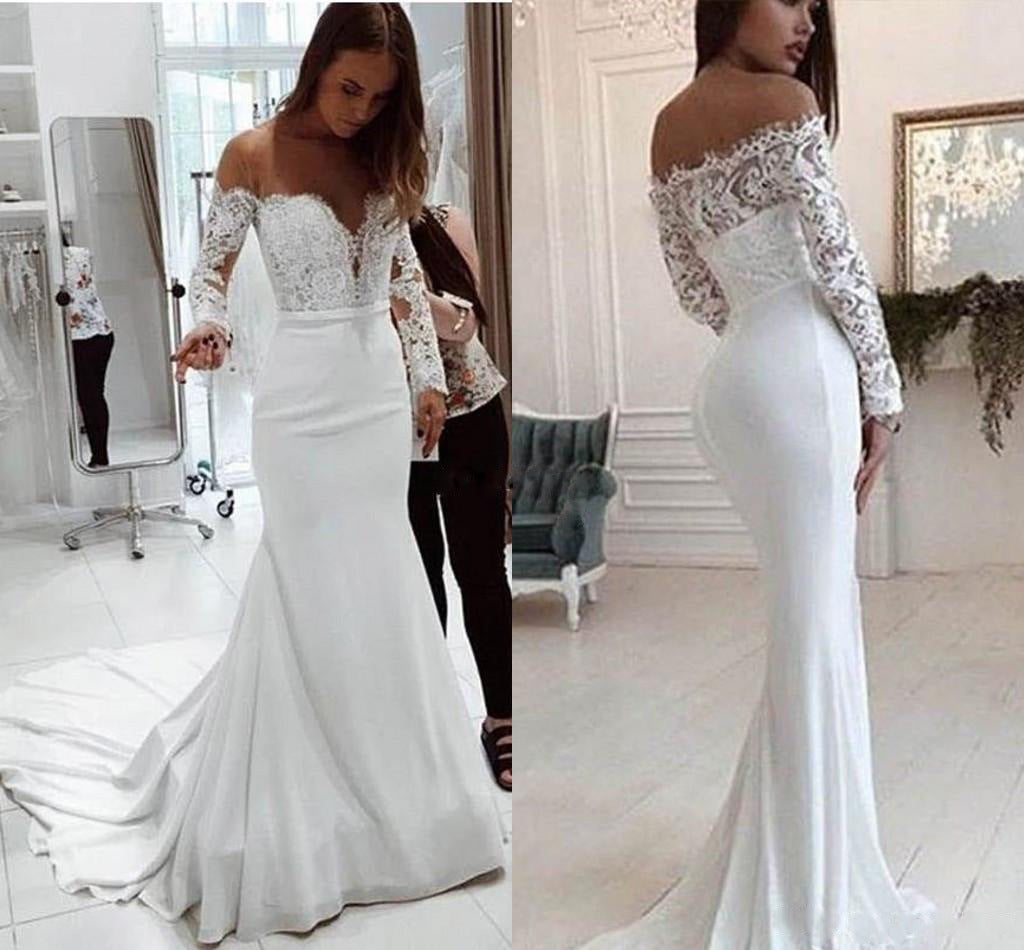 Hochzeit Schulter-Spitzenkleid mit langen Ärmeln und Schleppe