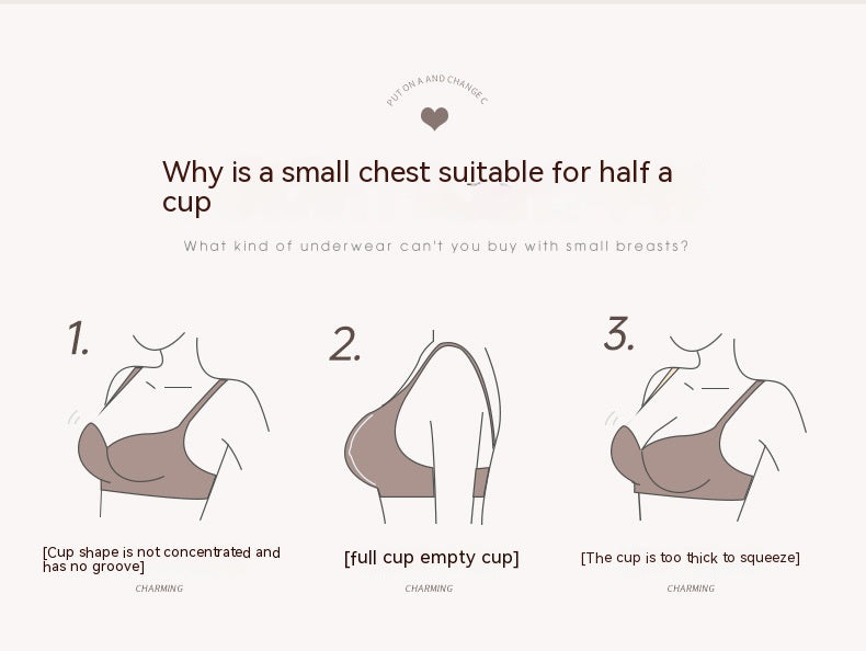Halbschalen-BH, kleine Brüste, Damen-Push-Up, groß, ohne Draht, Zubehör, Brust-Push-Up, Anti-Durchhängen, kein Spuren-BH
