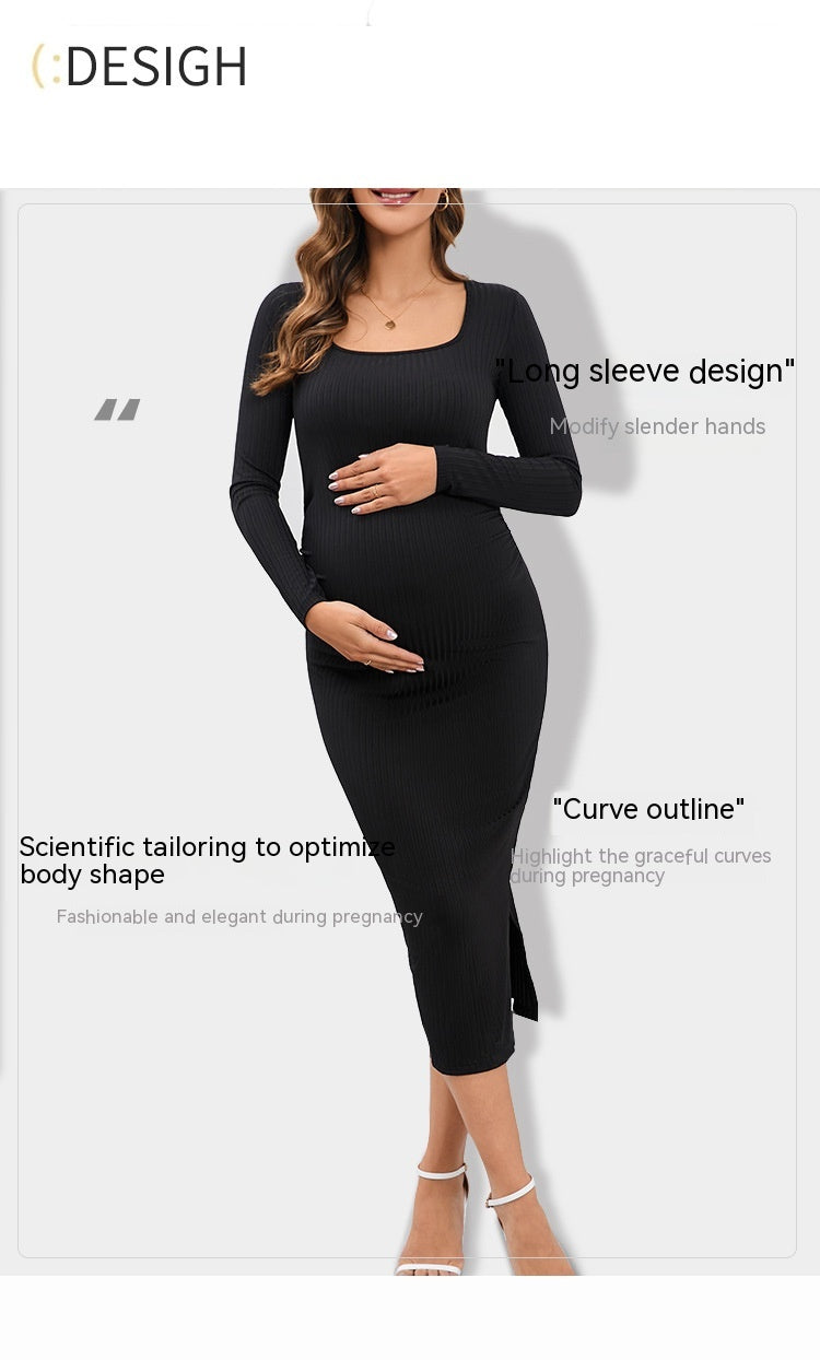 Gestreiftes Freizeitkleid mit langen Ärmeln und U-Ausschnitt für Gestreiftes Freizeitkleid mit langen Ärmeln und U-Ausschnitt für schwangere Frauen