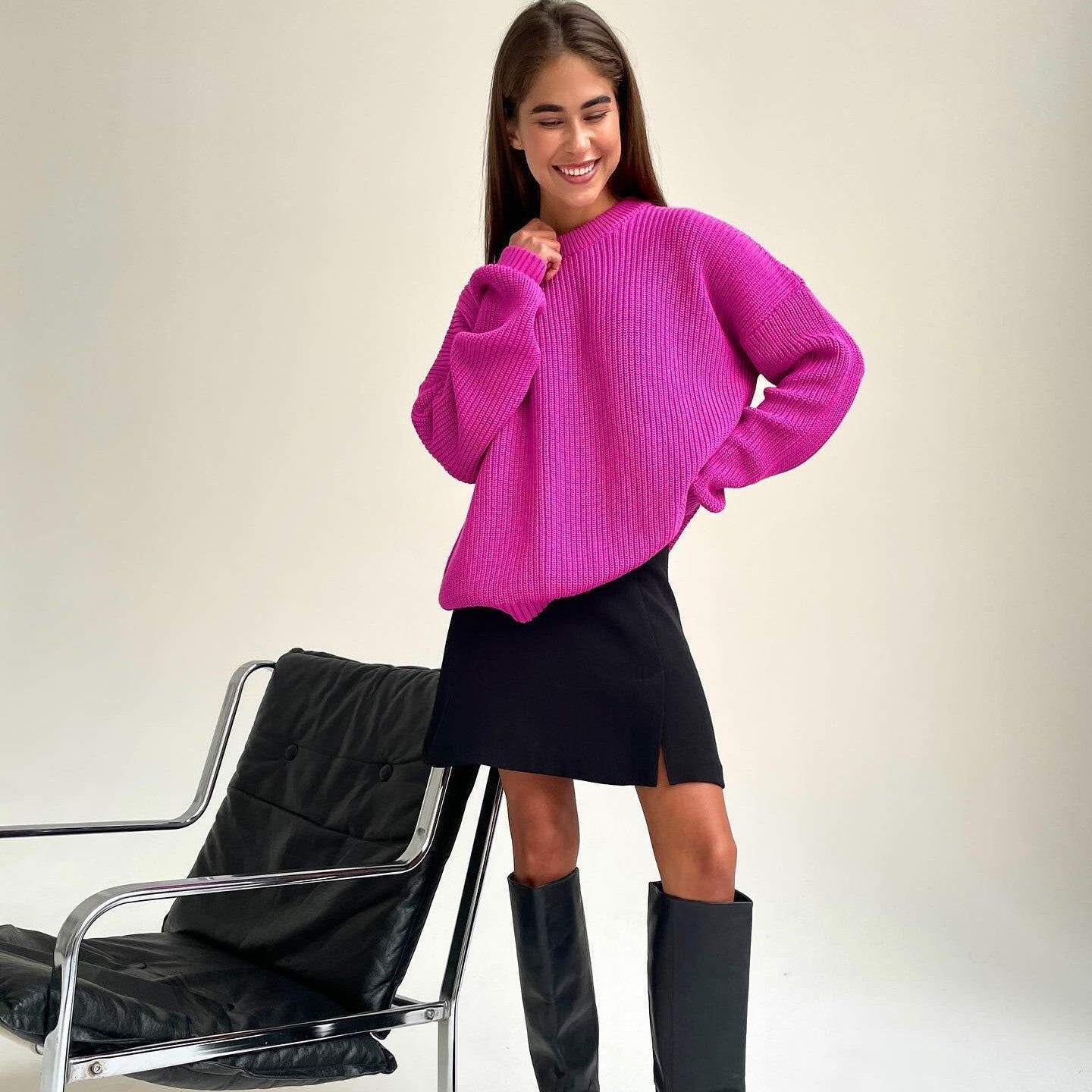 Damen-Strickwaren mit Rundhalsausschnitt, lockeres einfarbiges Pullover