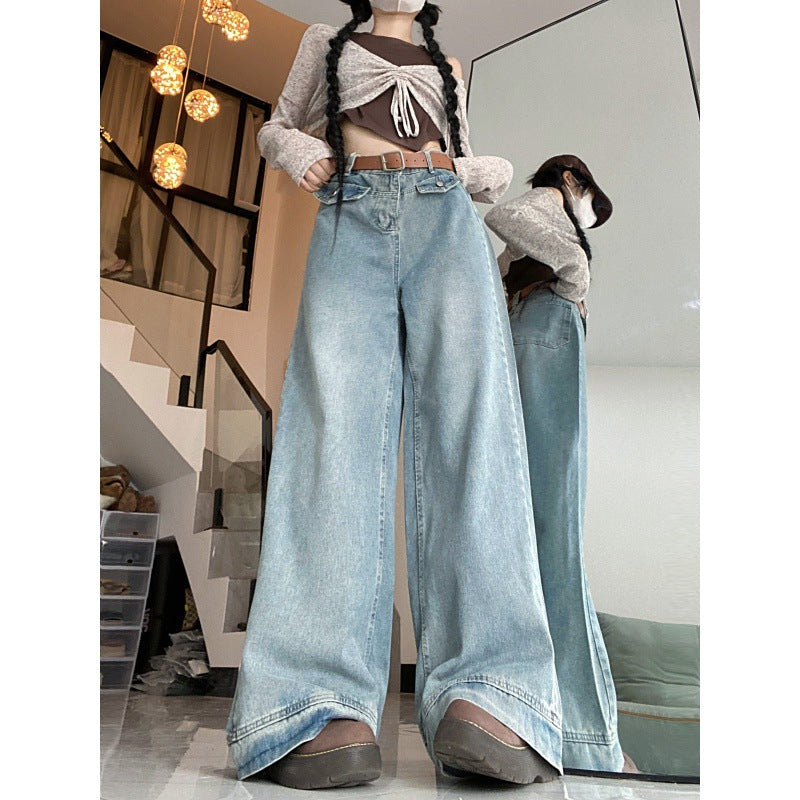 Damenjeans mit geradem Bein, hoher Taille, lockerer Passform und schmeichelnder Drapierung, weitem Bein"