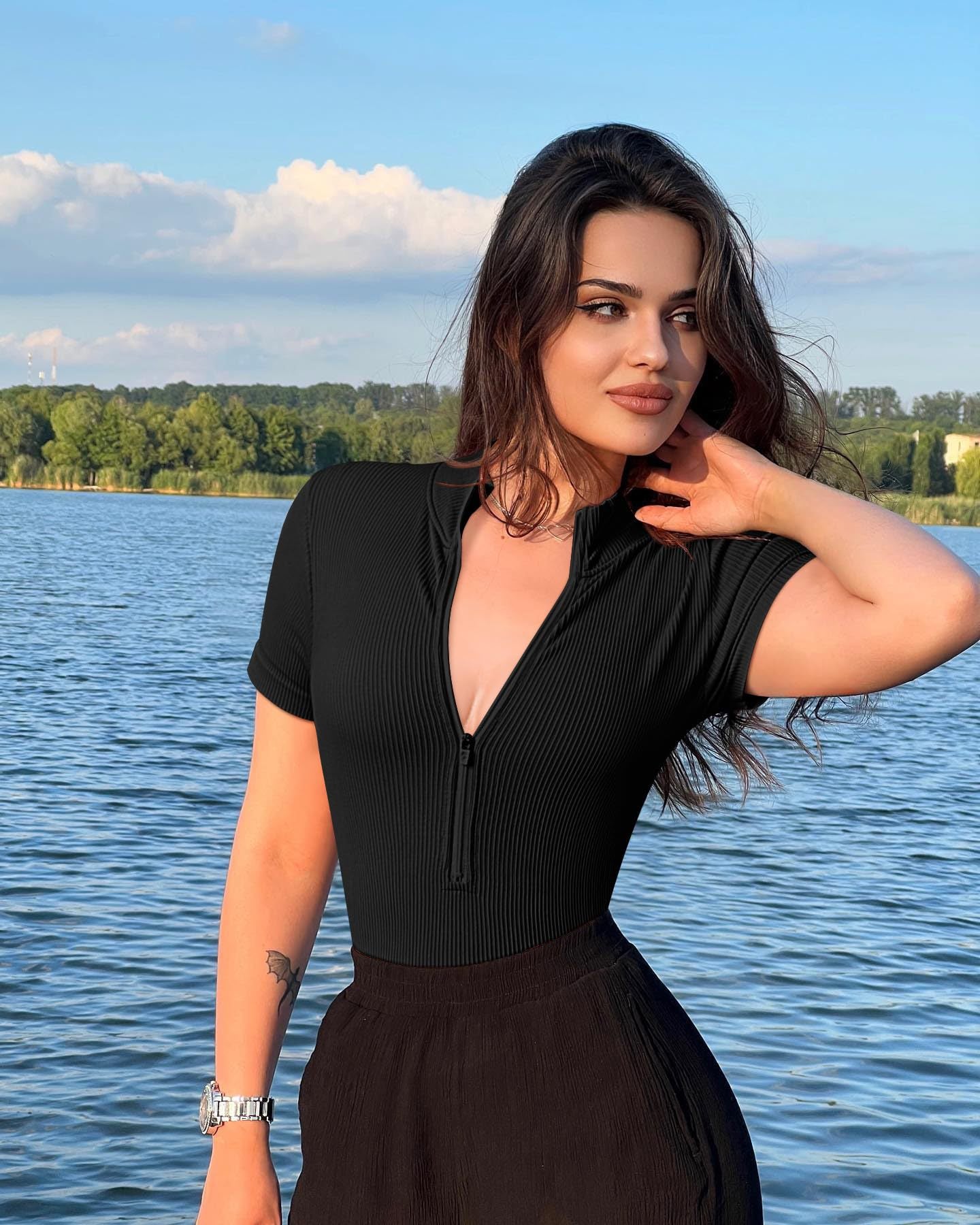 Damen Jumpsuit  Kurzarm Reiß verschluss