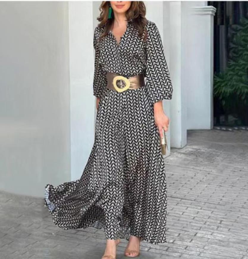 Damen-Mode lässig kleines, florales Kleid mit V-Ausschnitt, schlankes, langärmliges Kleid