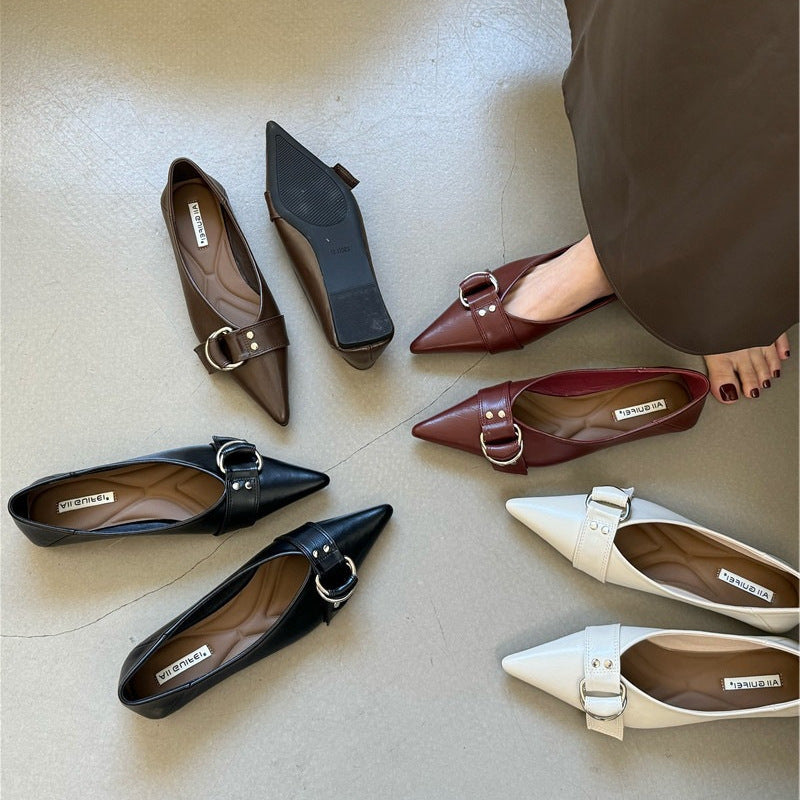 Metal Belt Buckle Soft Bottom Granny Shoes French Pointed Flat Bottom Pumps