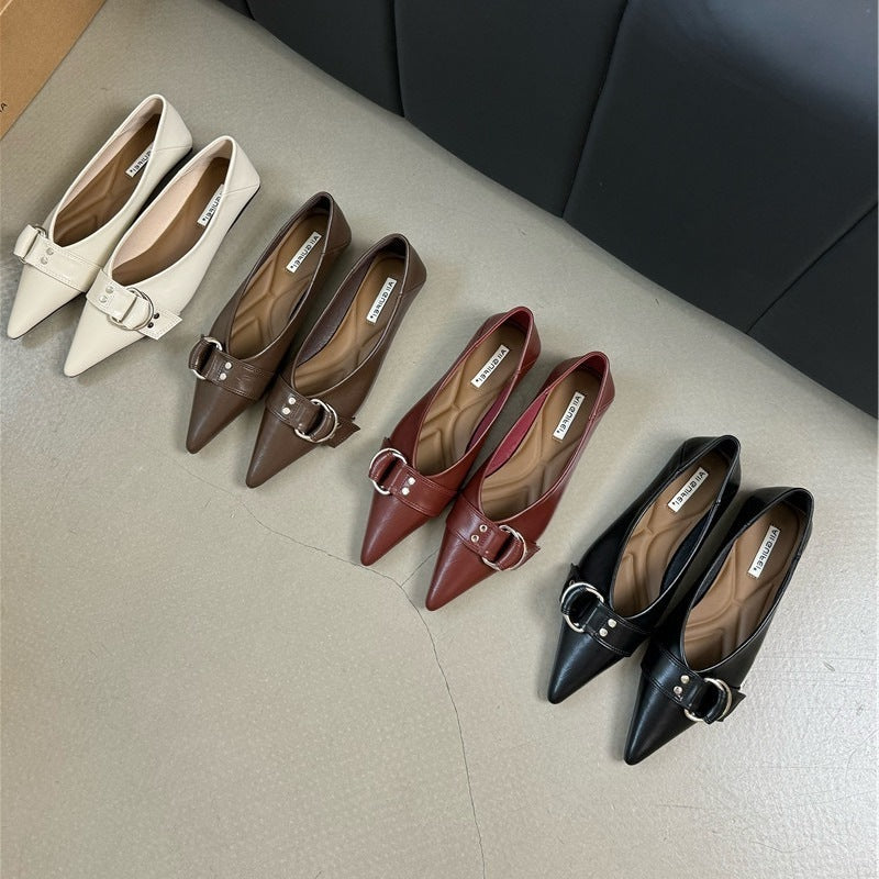 Metal Belt Buckle Soft Bottom Granny Shoes French Pointed Flat Bottom Pumps