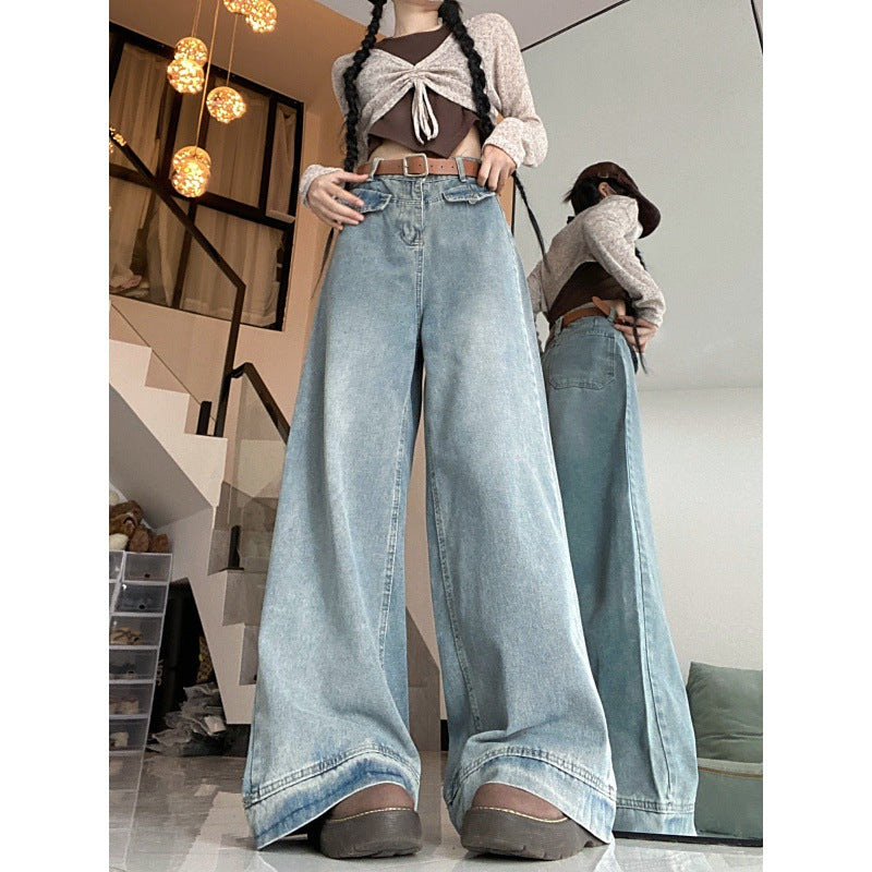 Damenjeans mit geradem Bein, hoher Taille, lockerer Passform und schmeichelnder Drapierung, weitem Bein"