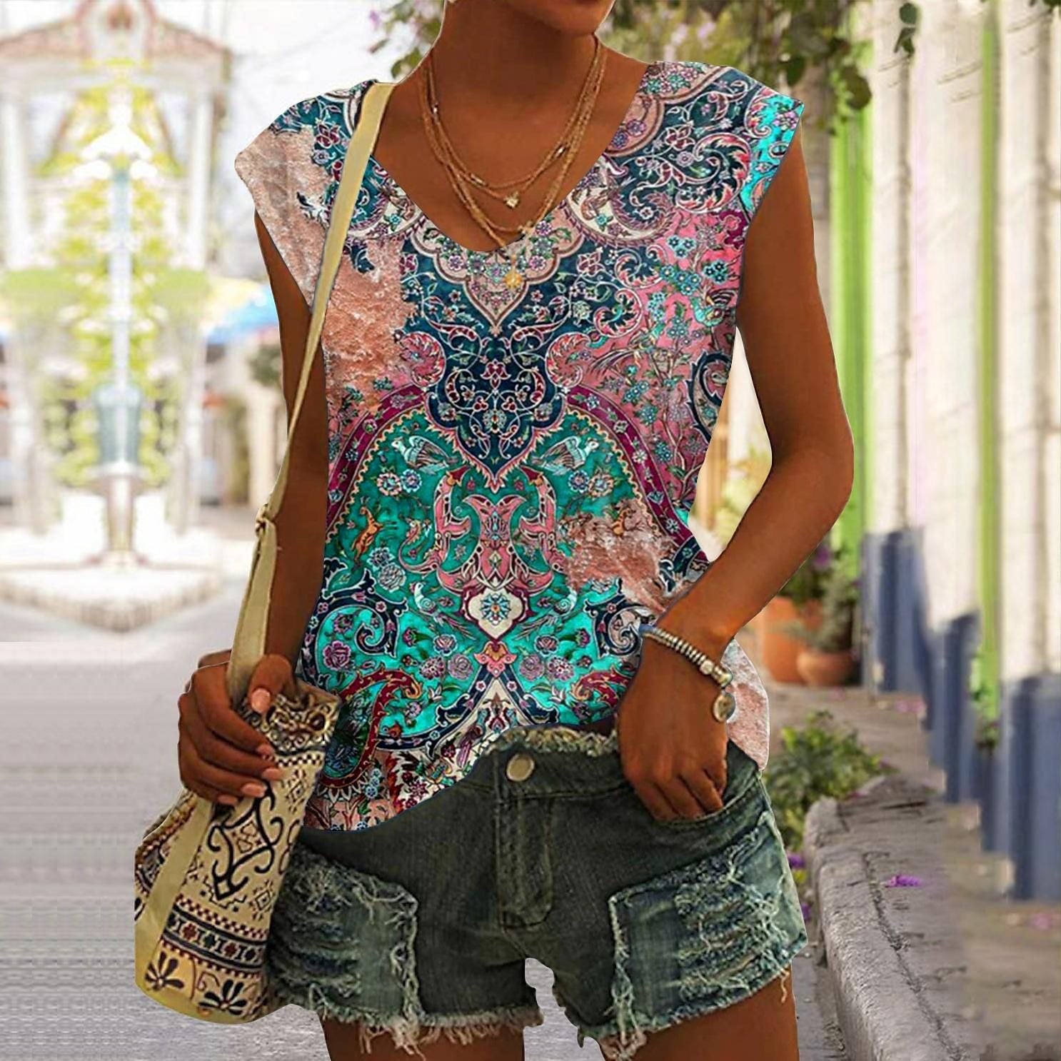 Damen-T-Shirt mit V-Ausschnitt und Vintage-Architekturdruck
