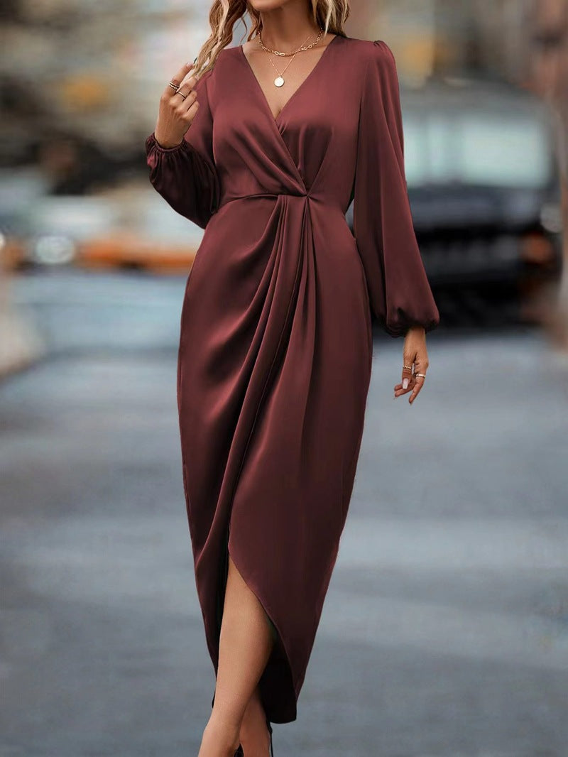 Temperament Reine Farbe Taillen-enges Kleid mit geteiltem V-Ausschnitt Frauen