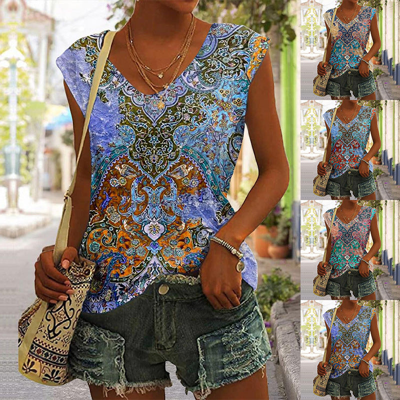 Damen-T-Shirt mit V-Ausschnitt und Vintage-Architekturdruck