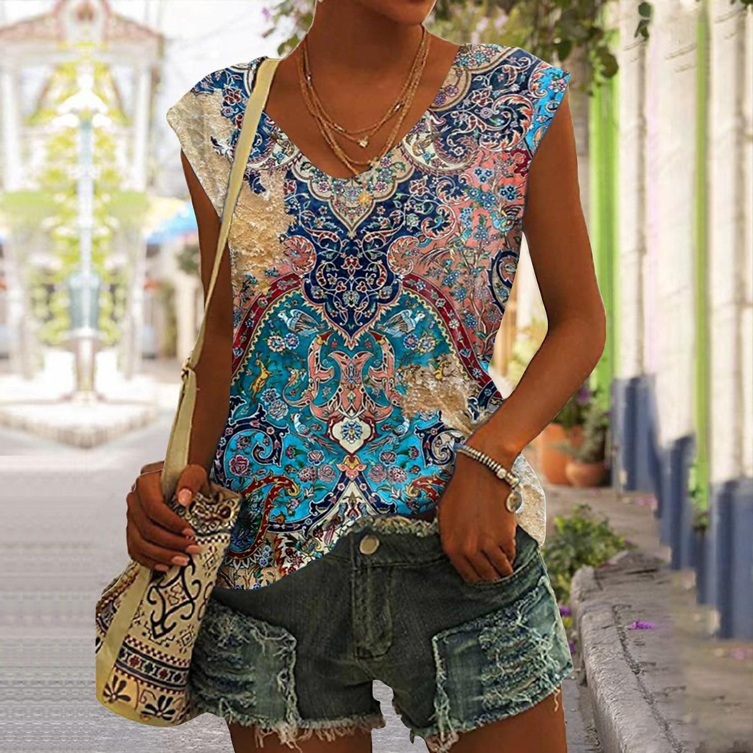 Damen-T-Shirt mit V-Ausschnitt und Vintage-Architekturdruck