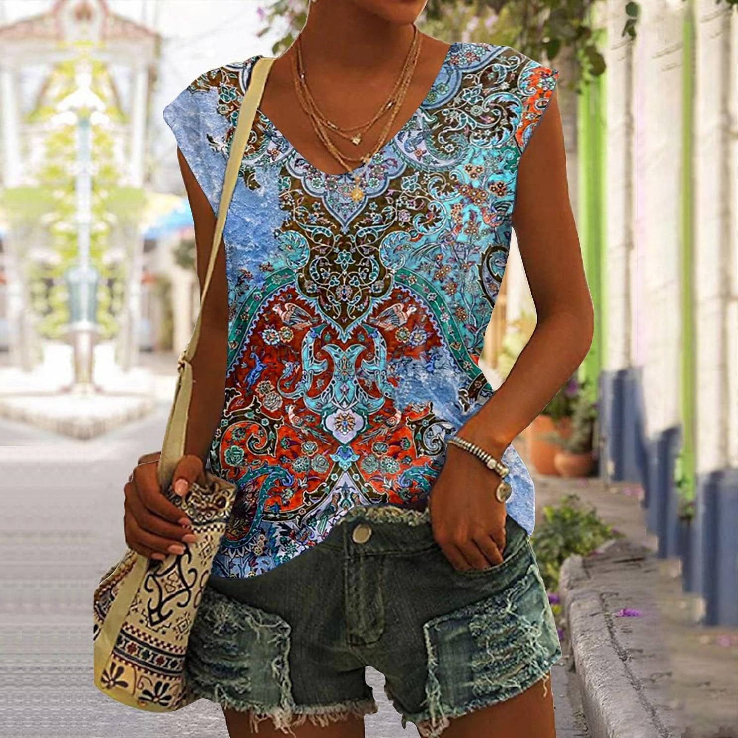 Damen-T-Shirt mit V-Ausschnitt und Vintage-Architekturdruck