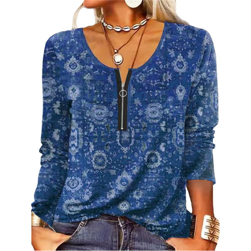 Anmutiges und modisches Ethno-T-Shirt mit langen Ärmeln und Reißverschluss für Damen