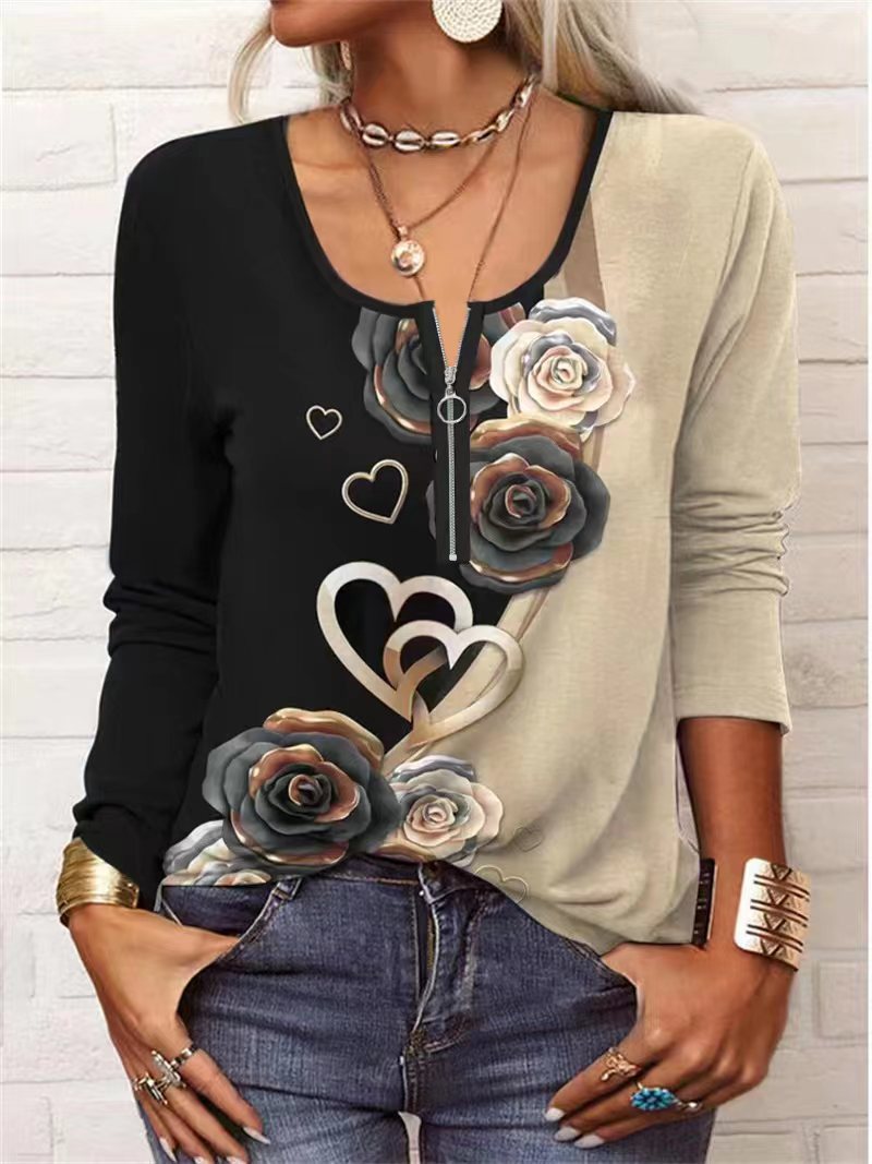 Anmutiges und modisches Ethno-T-Shirt mit langen Ärmeln und Reißverschluss für Damen