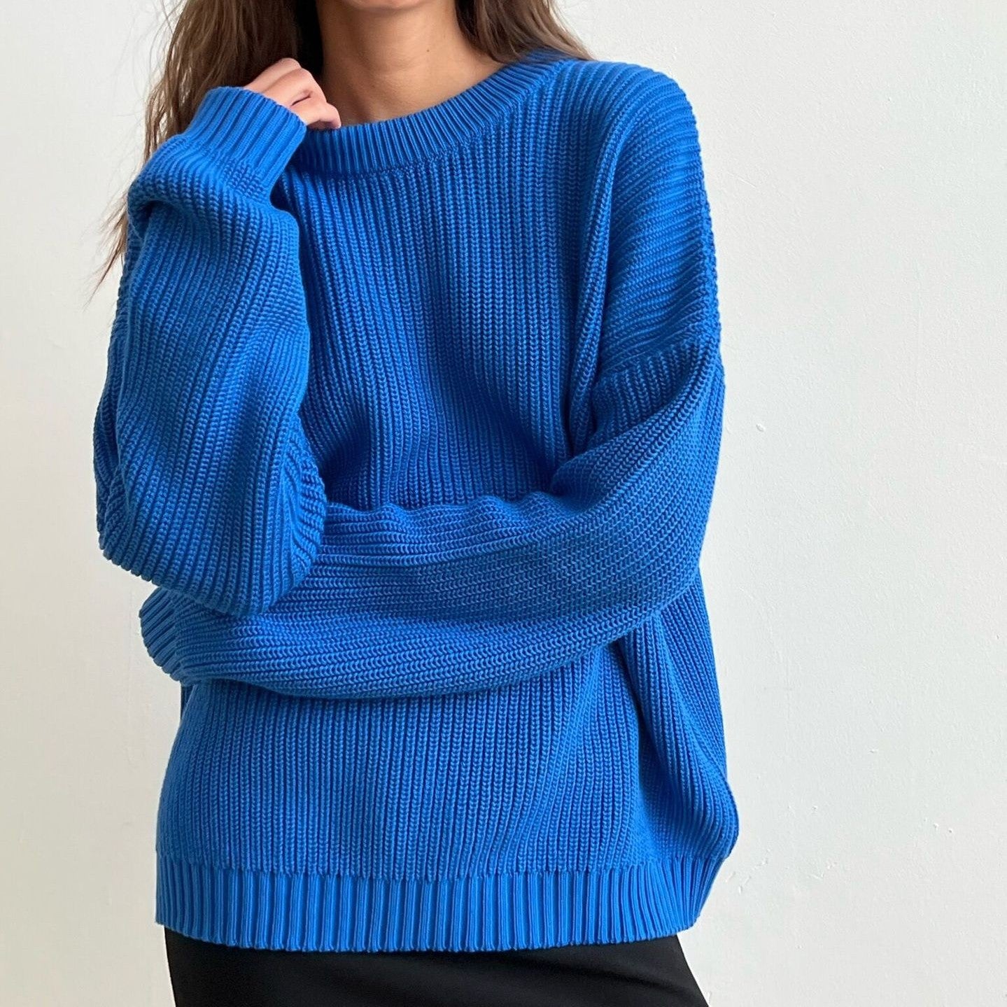 Damen-Strickwaren mit Rundhalsausschnitt, lockeres einfarbiges Pullover