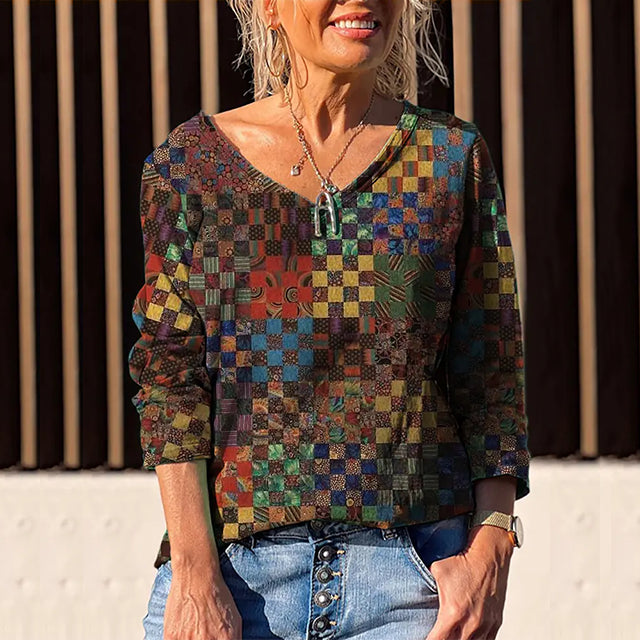 Langarm-Blumen-Mang mit V-Ausschnitt bedrucktes Lose-Top