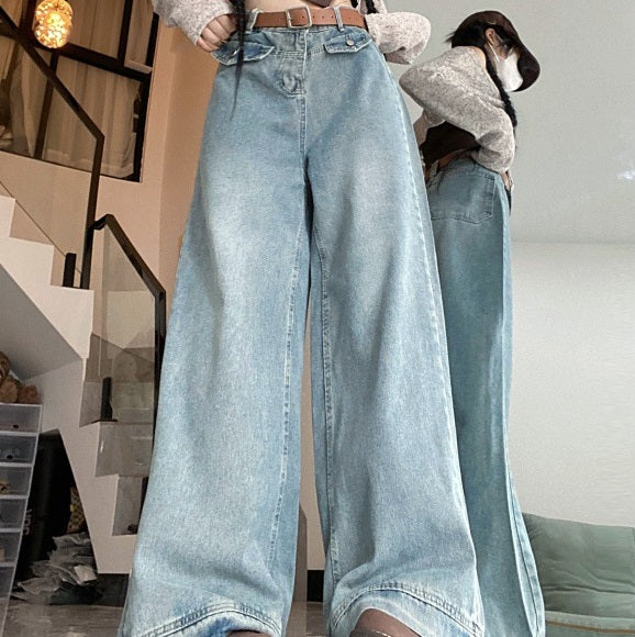 Damenjeans mit geradem Bein, hoher Taille, lockerer Passform und schmeichelnder Drapierung, weitem Bein"