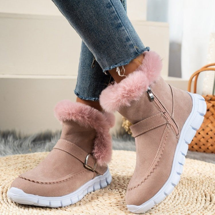 Neue Schneestiefel für den Winter, dick gefüttert, einfarbig mit Plüsch, Knöchelstiefel mit Schnallendesign und flachen Schuhen