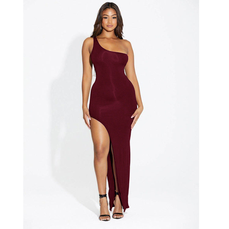 Damen Schulter Seitenschlitz Langes Enges Kleid