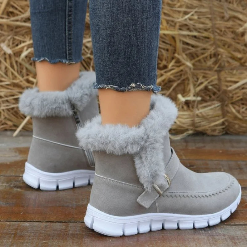 Neue Schneestiefel für den Winter, dick gefüttert, einfarbig mit Plüsch, Knöchelstiefel mit Schnallendesign und flachen Schuhen