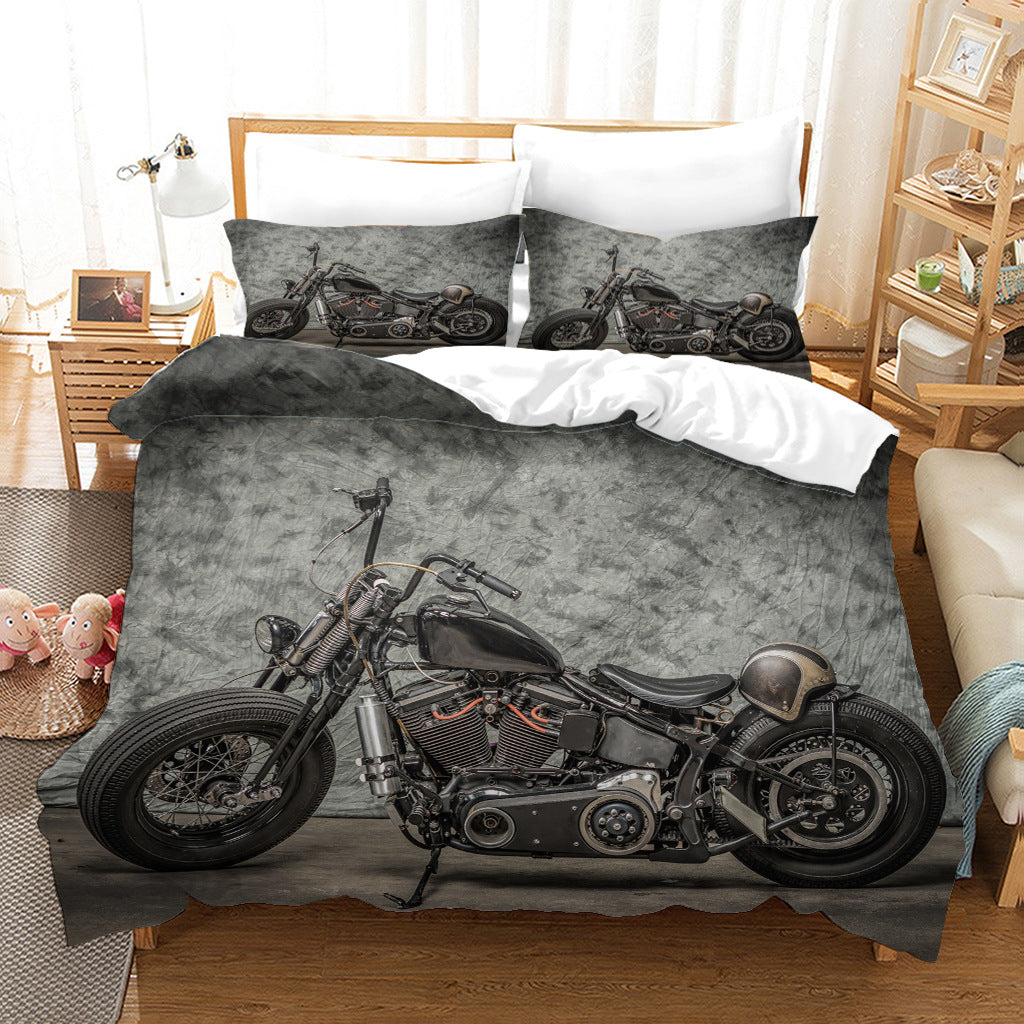 Dunkle Retro-Motorrad-Bettbezug-Dreiteiler-Set