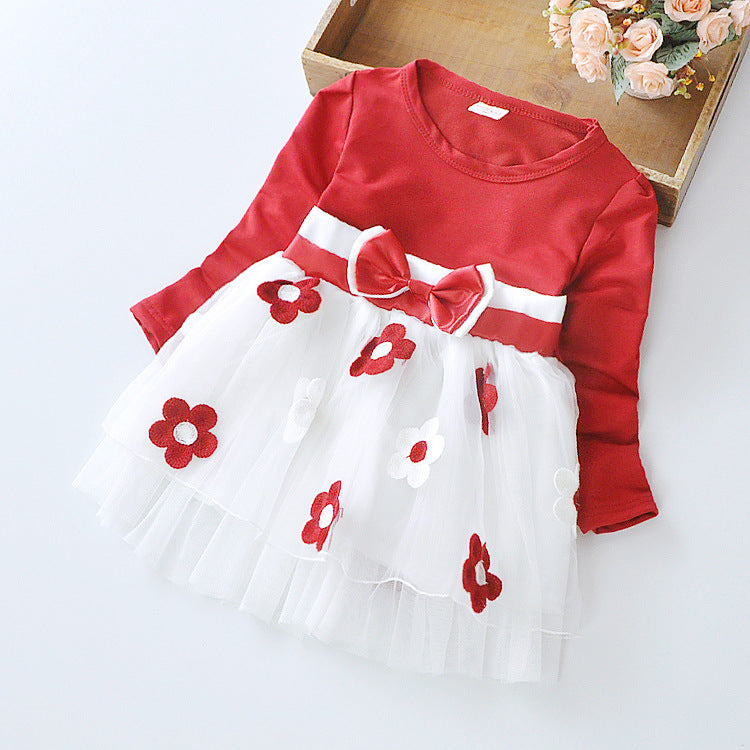 Mädchen Blumenschleife Langarmkleid
