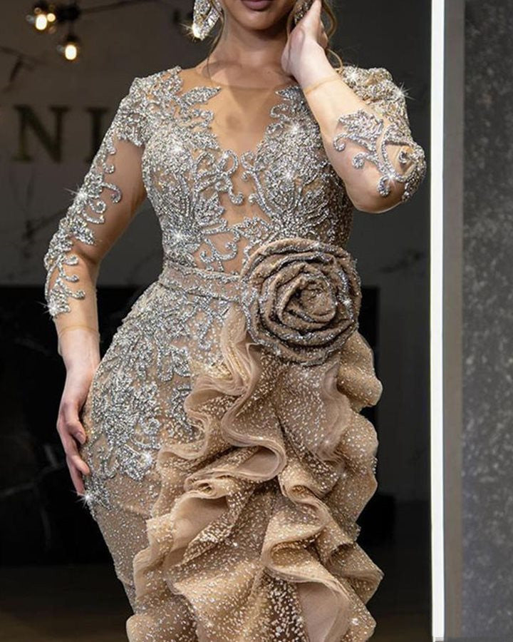 Goldstaub-Partykleid mit Schleppe
