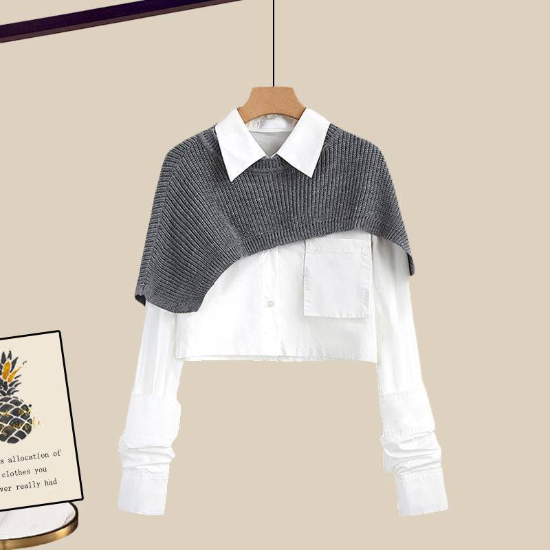 Schultertuch-Bluse mit tailliertem Strickrock- Dreiteiler-Set