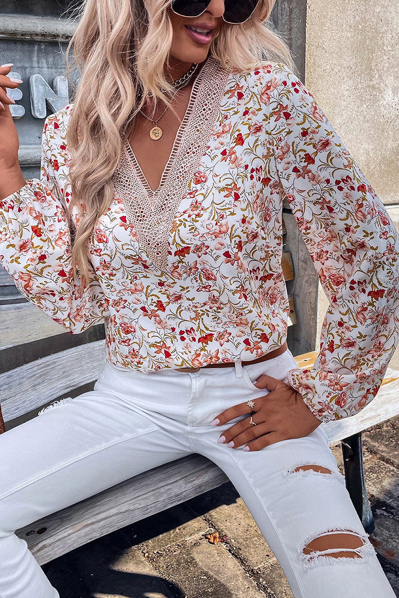 Blumengedrucktes Langarm-Top für Frauen