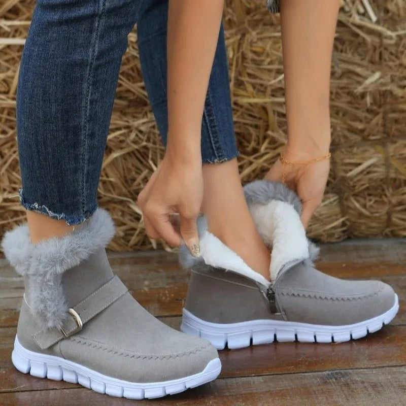 Neue Schneestiefel für den Winter, dick gefüttert, einfarbig mit Plüsch, Knöchelstiefel mit Schnallendesign und flachen Schuhen