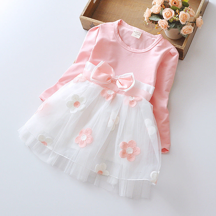 Mädchen Blumenschleife Langarmkleid