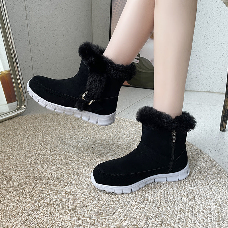 Neue Schneestiefel für den Winter, dick gefüttert, einfarbig mit Plüsch, Knöchelstiefel mit Schnallendesign und flachen Schuhen