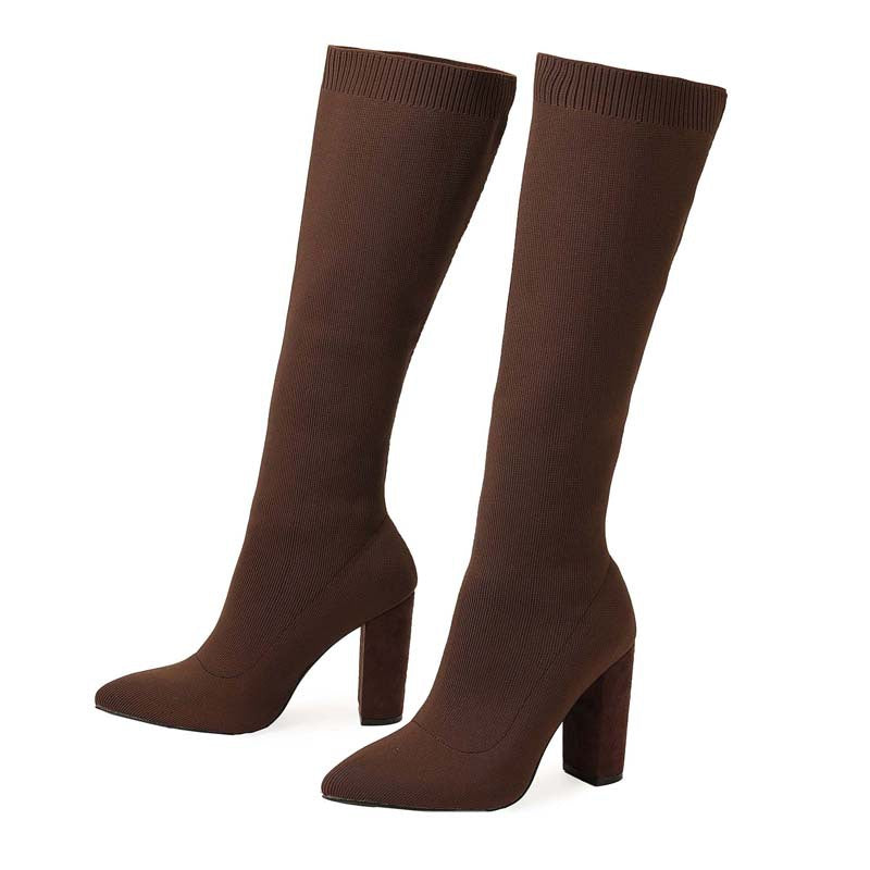 Dicke Socken hochhackige Overknee-Stiefel für Frauen.