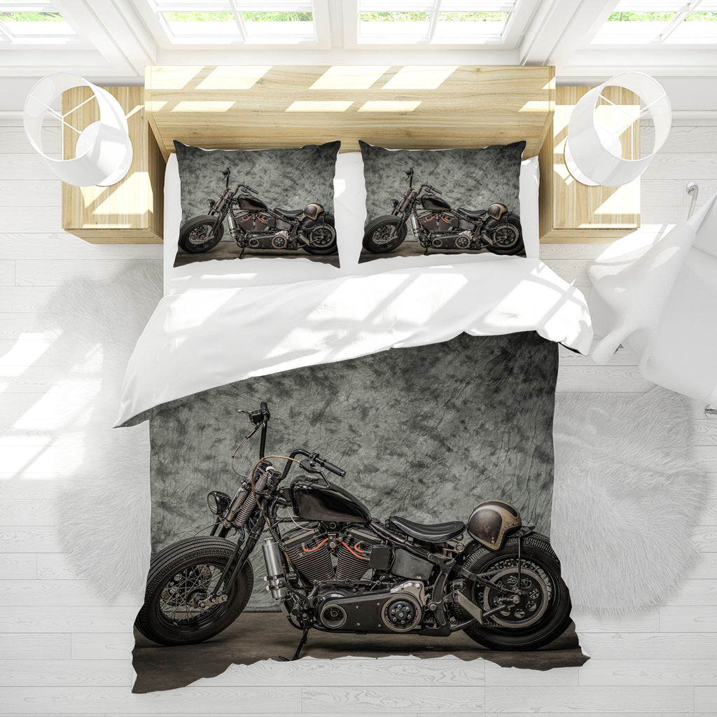 Dunkle Retro-Motorrad-Bettbezug-Dreiteiler-Set