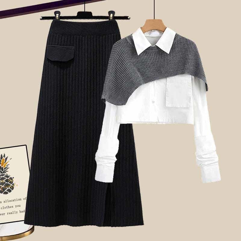 Schultertuch-Bluse mit tailliertem Strickrock- Dreiteiler-Set