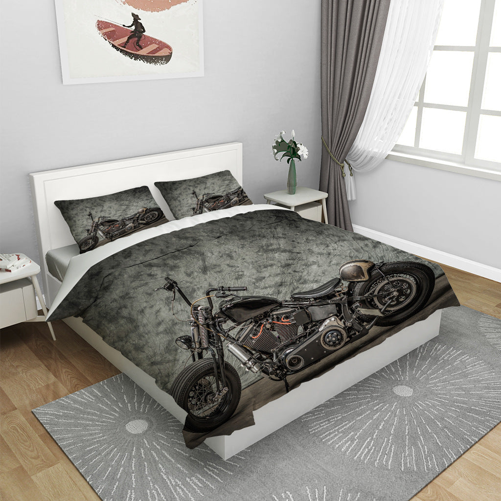 Dunkle Retro-Motorrad-Bettbezug-Dreiteiler-Set