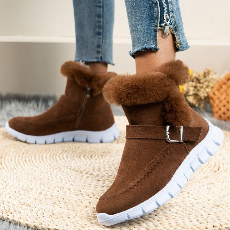 Neue Schneestiefel für den Winter, dick gefüttert, einfarbig mit Plüsch, Knöchelstiefel mit Schnallendesign und flachen Schuhen