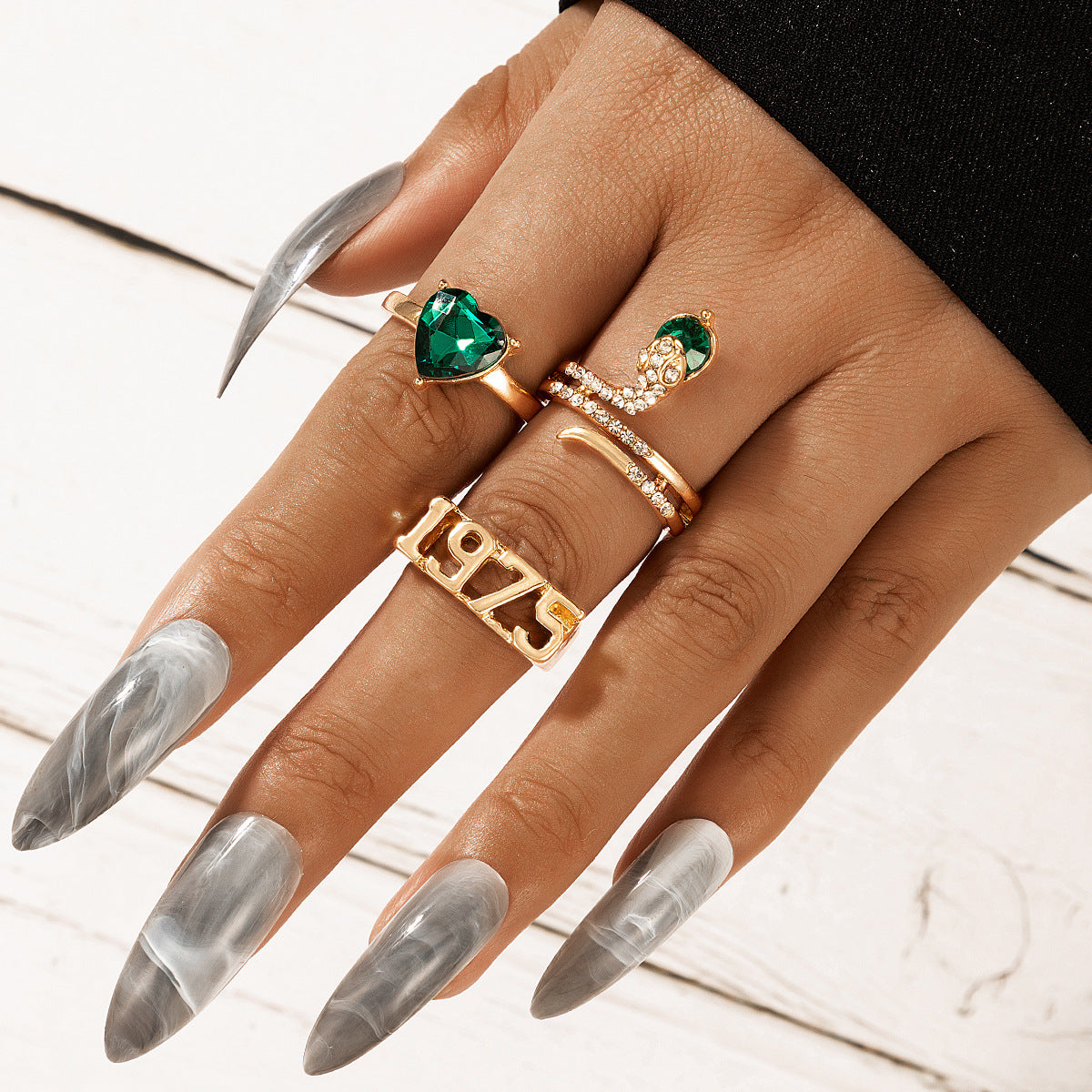 3-Teiliges Set Smaragd-Herz-Diamant Ring