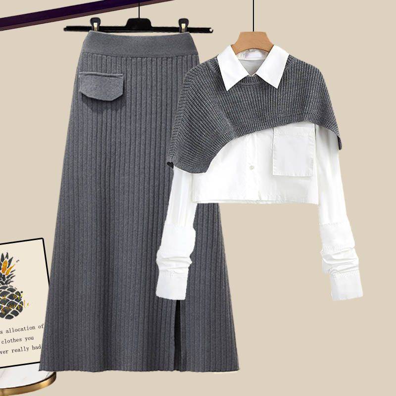 Schultertuch-Bluse mit tailliertem Strickrock- Dreiteiler-Set