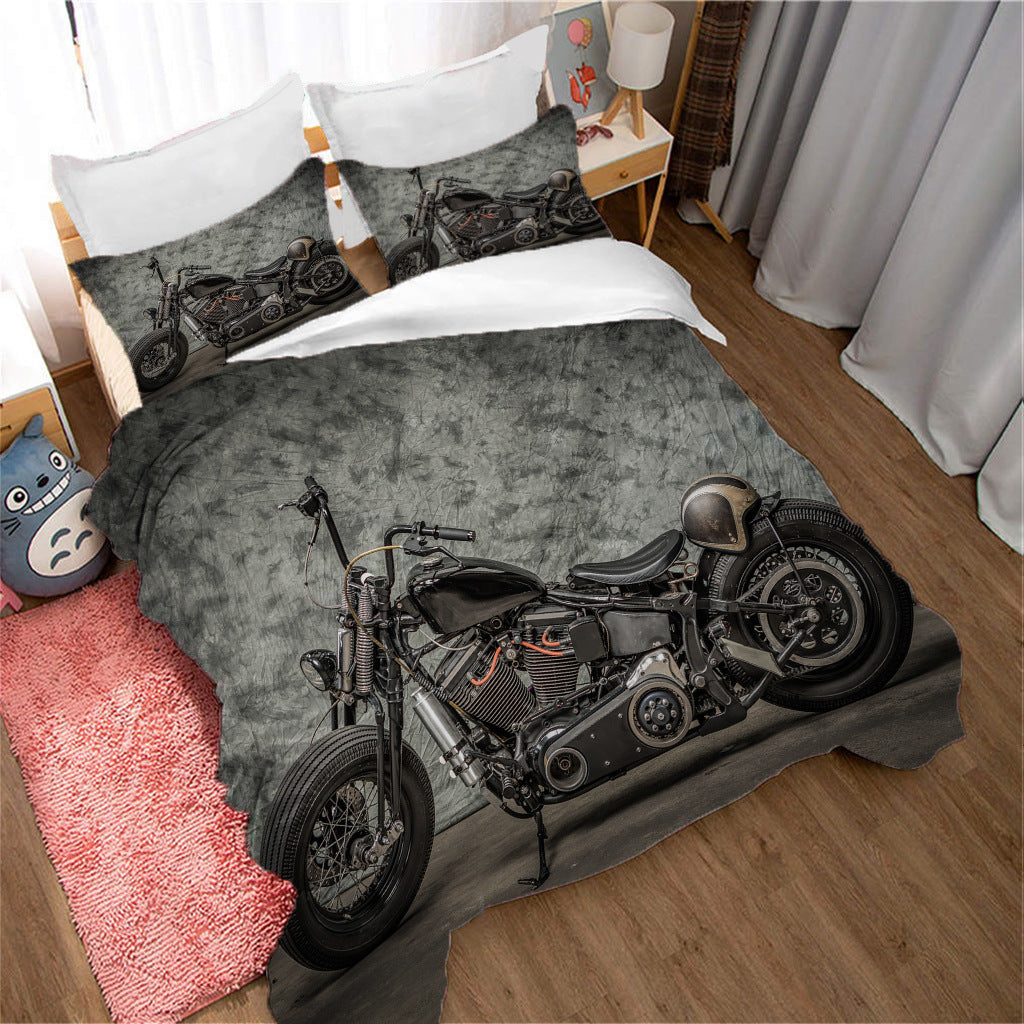 Dunkle Retro-Motorrad-Bettbezug-Dreiteiler-Set