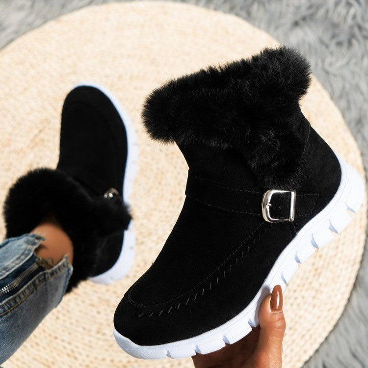 Neue Schneestiefel für den Winter, dick gefüttert, einfarbig mit Plüsch, Knöchelstiefel mit Schnallendesign und flachen Schuhen