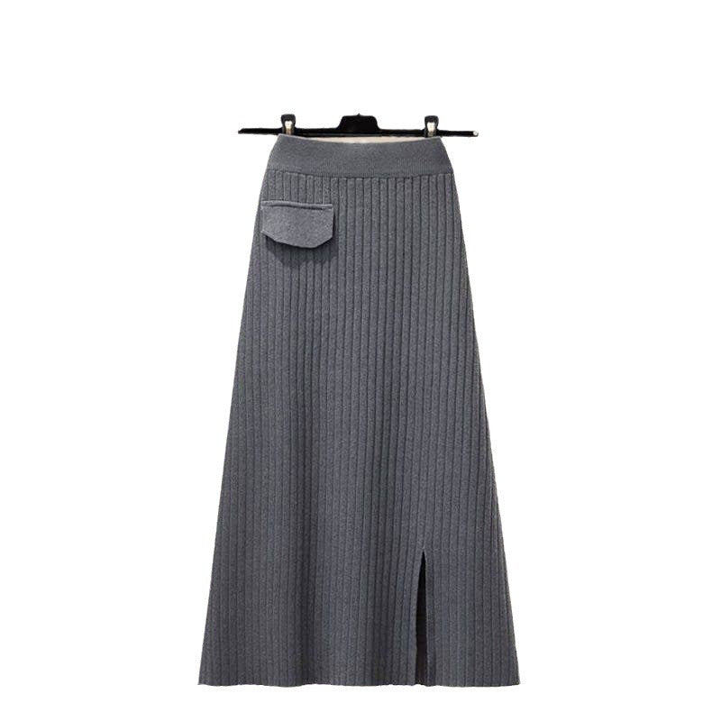 Schultertuch-Bluse mit tailliertem Strickrock- Dreiteiler-Set