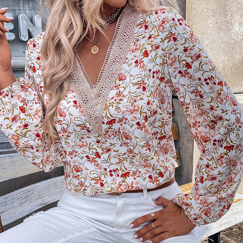 Blumengedrucktes Langarm-Top für Frauen