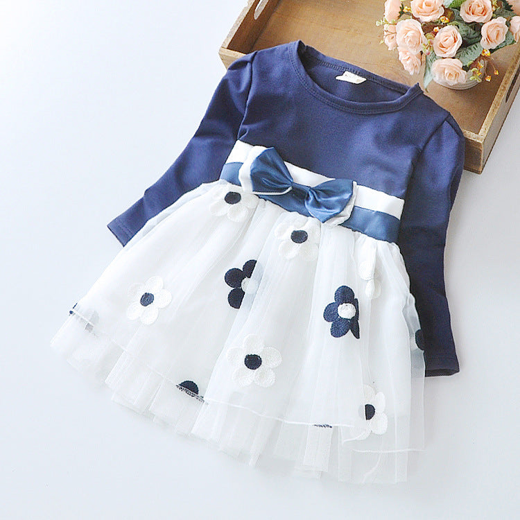Mädchen Blumenschleife Langarmkleid