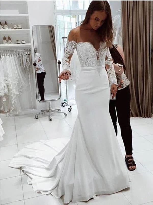 Hochzeit Schulter-Spitzenkleid mit langen Ärmeln und Schleppe